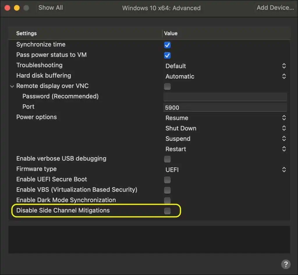 How to Disable Side Channel Mitigations for VMware VM 3 Disable Side Channel Mitigations using VMware Fusion