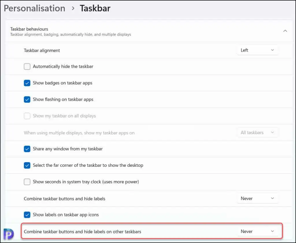 Enable Never Combine Taskbar Buttons in Windows 11 3 Combine Taskbar buttons and hide labels on other taskbars