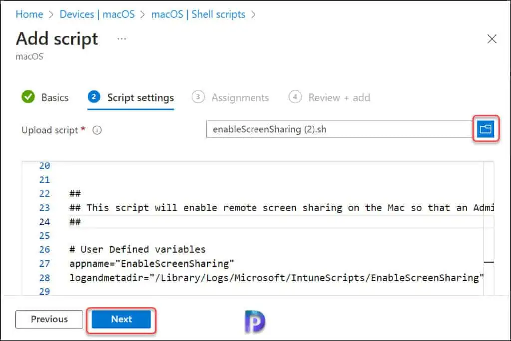 How to Enable Screen Sharing on MacOS using Intune 3 Upload the EnableScreenSharing Script for MacOS