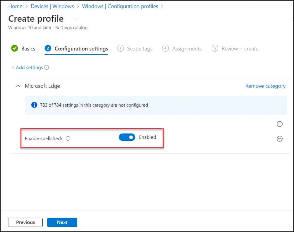 Turn on Spell Check for Microsoft Edge using Intune