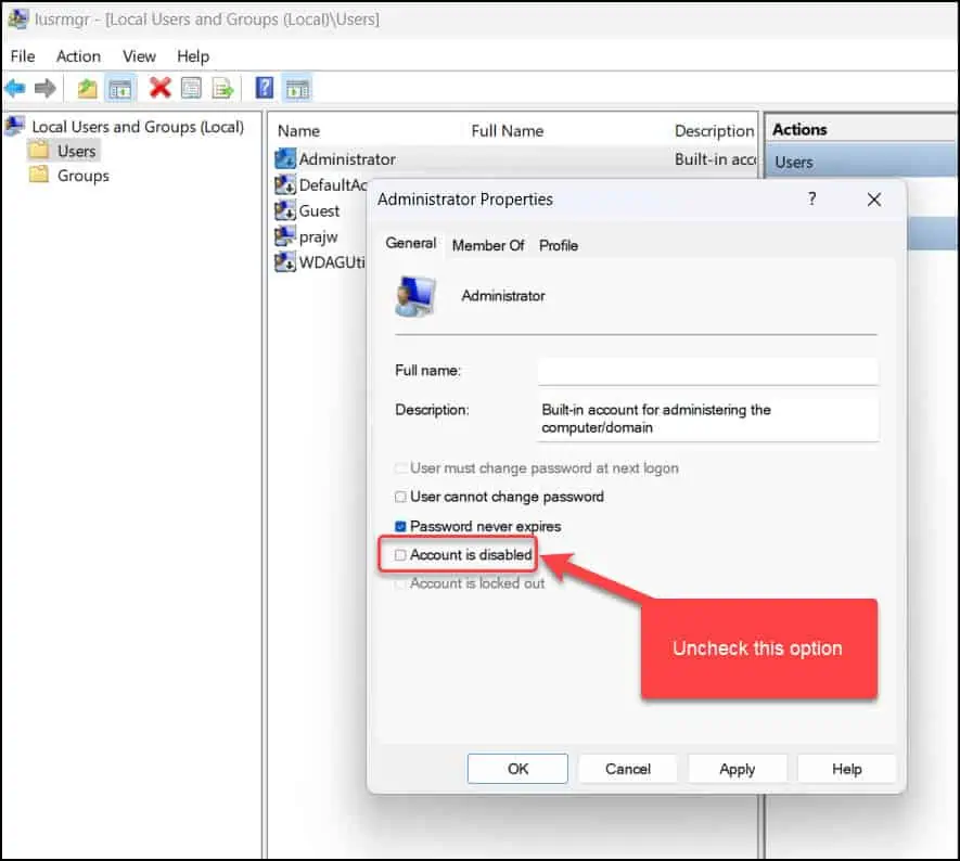 4 Best Ways to Enable Windows 11 Administrator Account 7 Enable administrator account in Windows 11 using Local Users and Groups