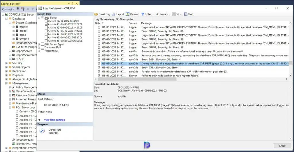 Fix ConfigMgr Database Suspect Mode Issue | Repair Database 7 Review SQL Database Error Logs