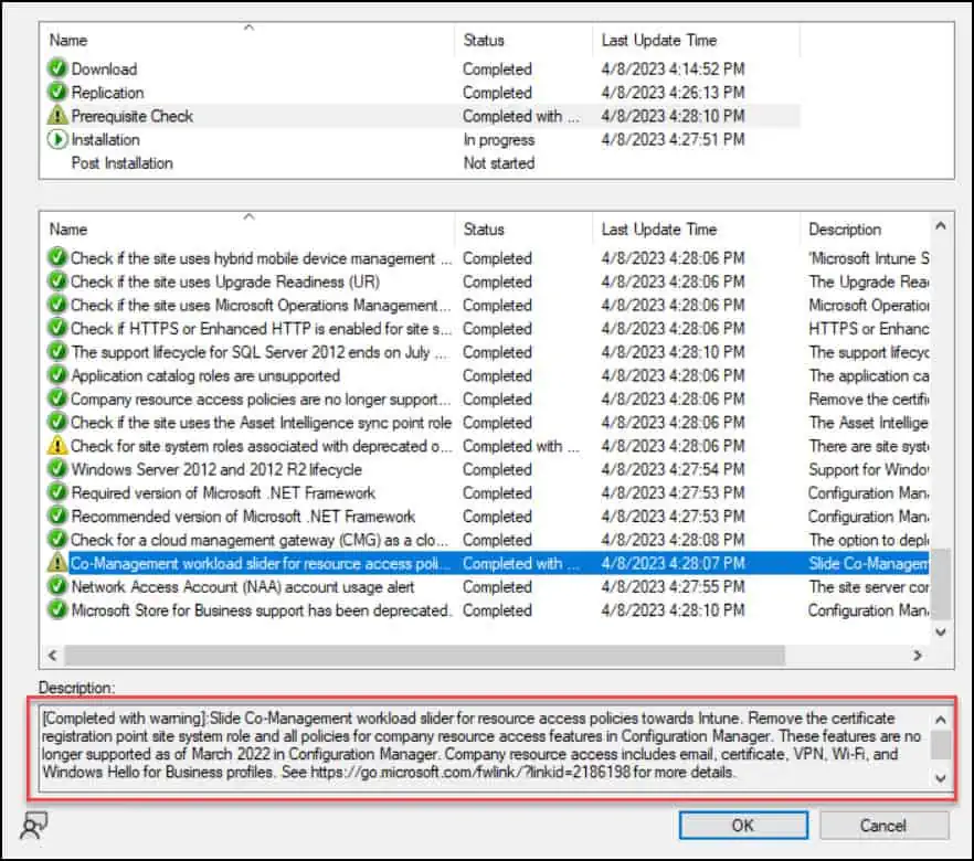 Fix SCCM Co-Mgmt slider is not pointed to Intune Prerequisite Check Warning 1 Prerequisite Check Warning Co-Management workload slider for resource access policies