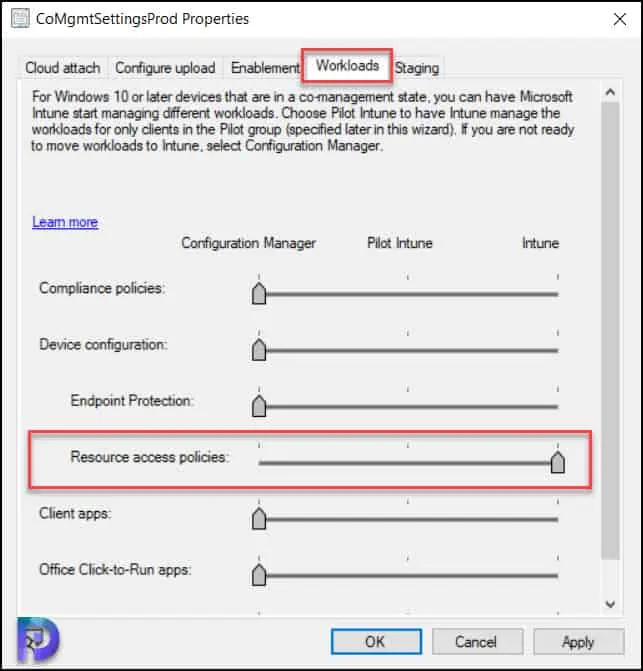 Fix SCCM Co-Mgmt slider is not pointed to Intune Prerequisite Check Warning 5 Slide Co-Management workload slider for resource access policies towards Intune