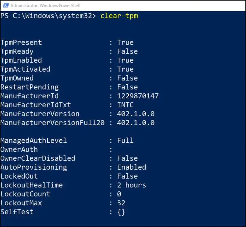 Clear TPM status via PowerShell using Clear-TPM