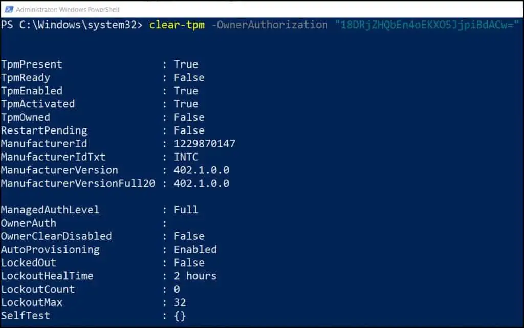 Reset TPM using Owner Authorization Value