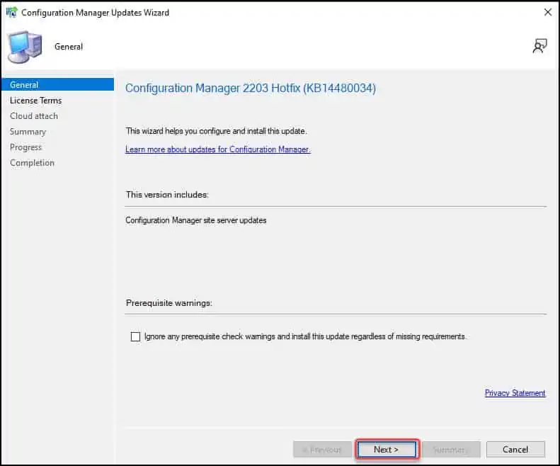 Install Hotfix KB14480034 for SCCM 2203 2 Hotfix KB14480034 for SCCM 2203