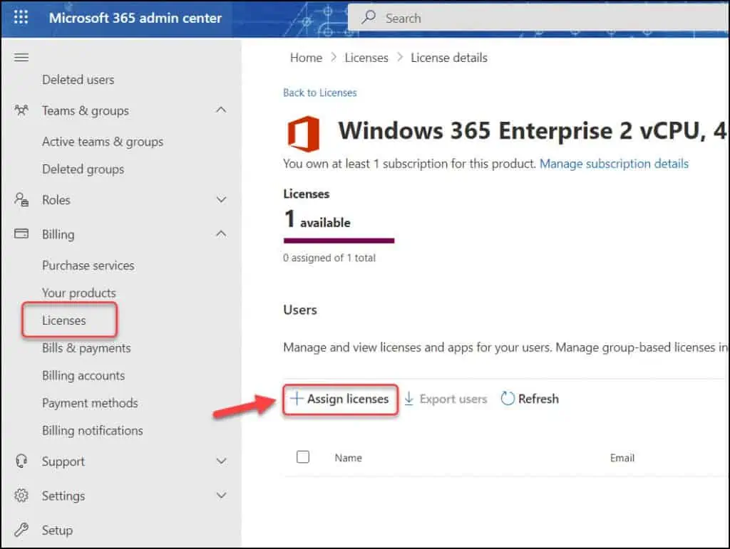 Microsoft 365 Admin Center - Assign Licenses Page