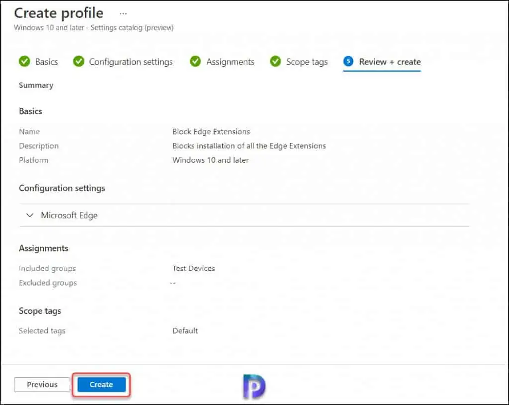 How to Block Edge Extensions using Intune 9 Review and Create - Block Edge Extensions using Intune