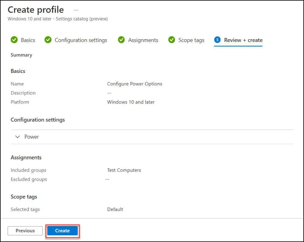 How to Configure Power Options using Intune 9 Review and Create - Configure Power Options using Intune