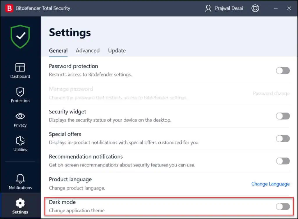 How to Enable Dark Mode for Bitdefender Total Security 4 Turn off the Dark Mode for Bitdefender Total Security