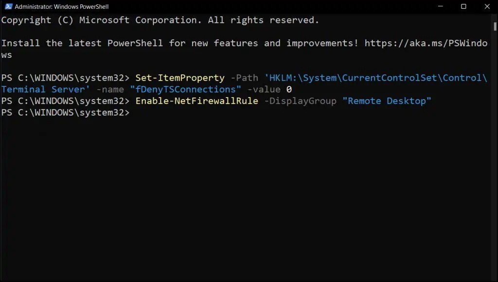 4 Proven Ways to Enable Remote Desktop on Windows 11 7 Enable Remote Desktop on Windows 11 using PowerShell