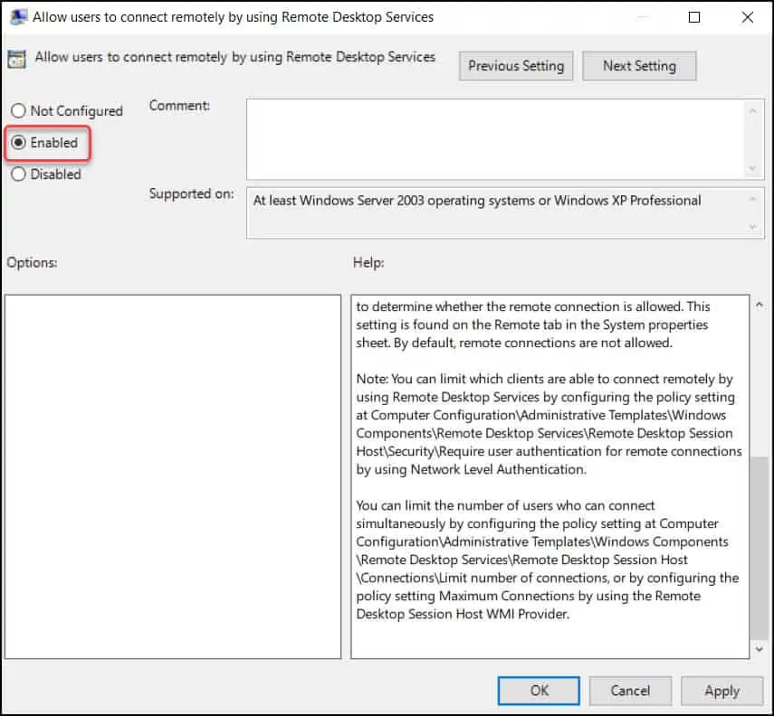 How To Enable Remote Desktop Using Group Policy (GPO) 3 Allow users to connect remotely by using Remote Desktop Services