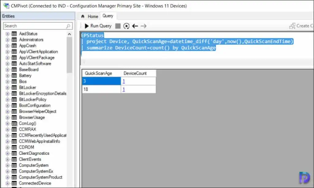 Find Antimalware Software Status using CMPivot Query in SCCM 4 CMPivot query to find the Antimalware Software Quick Scan Age with Device Count