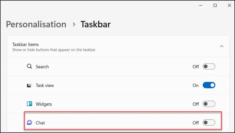 How To Hide or Turn off Taskbar Items in Windows 11 5 Hide Chat Icon from taskbar in Windows 11