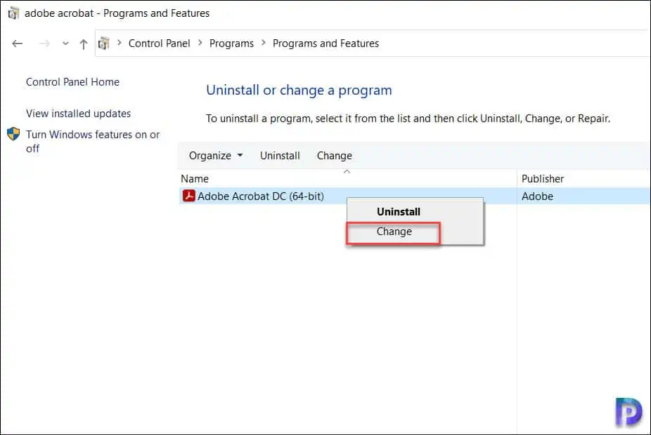 Repair Adobe Acrobat using Control Panel