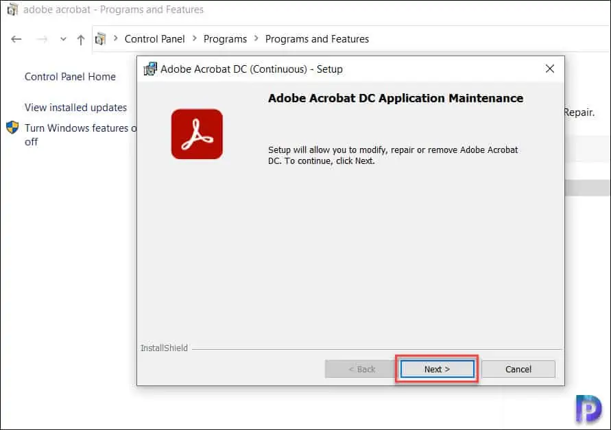 Repair Adobe Acrobat using Control Panel