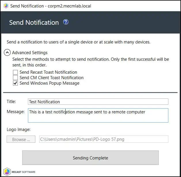 How to Send Notifications from ConfigMgr Console using RCT 5 Send Notification | Windows Popup Message