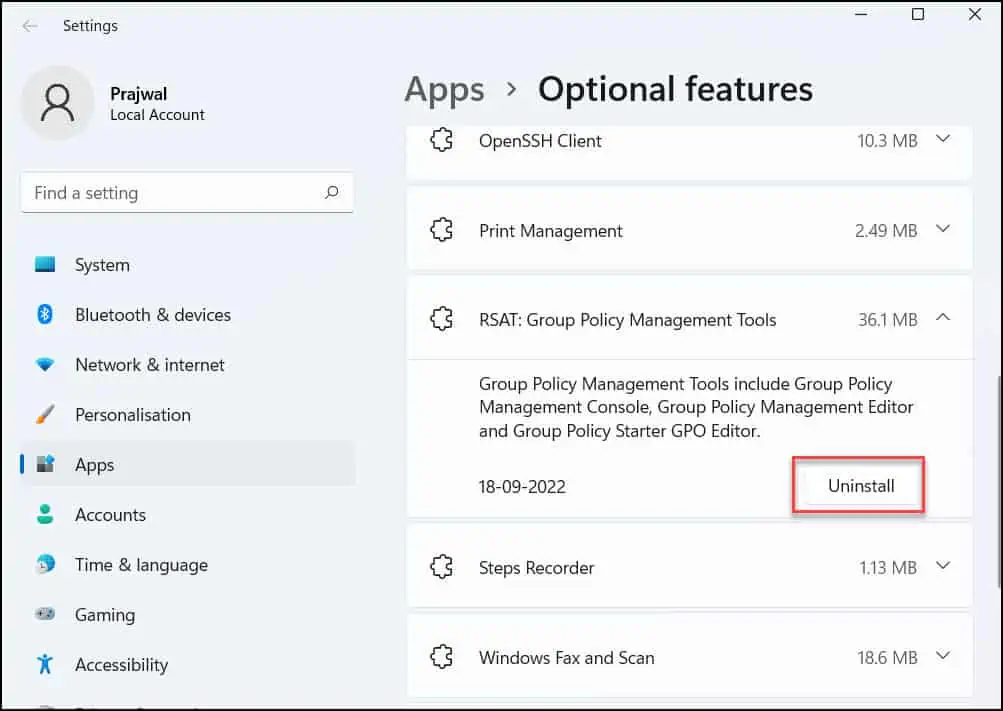 Install Group Policy Management Console on Windows 11 11 Uninstall GPMC using Optional Features