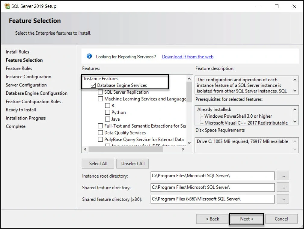 Install SQL Server 2019 for ConfigMgr - Bonus Guide 3 Feature Selection-Database Engine Services