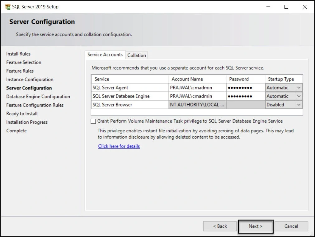 Install SQL Server 2019 for ConfigMgr - Bonus Guide 5 Specify SQL Server Service Accounts