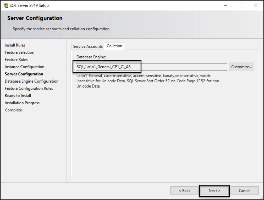Install SQL Server 2019 for ConfigMgr - Bonus Guide 6 Specify SQL Server Service Collation