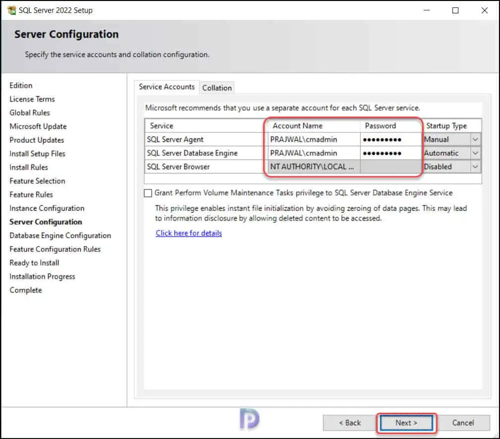 Guide to Install SQL Server 2022 for SCCM | ConfigMgr 9 Configure Service Accounts for SQL Server 2022