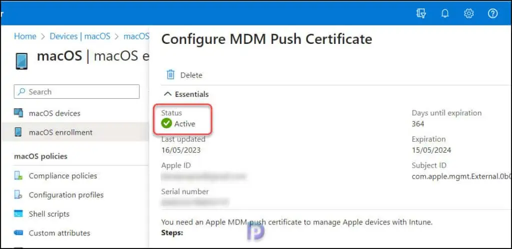 Fix Intune Profile Installation Failed during macOS Enrollment 3 Verify if the Apple MDM Push Certificate is valid