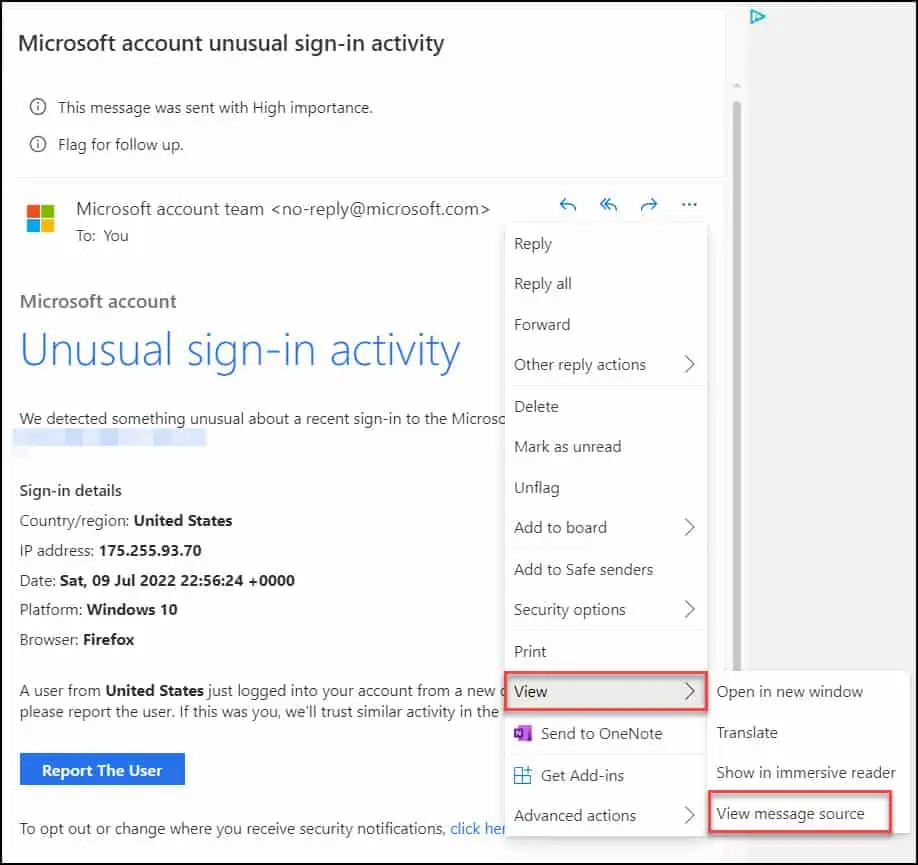 Fake Microsoft Account Unusual Sign-in Activity Emails 3 View Email Message Internet Header