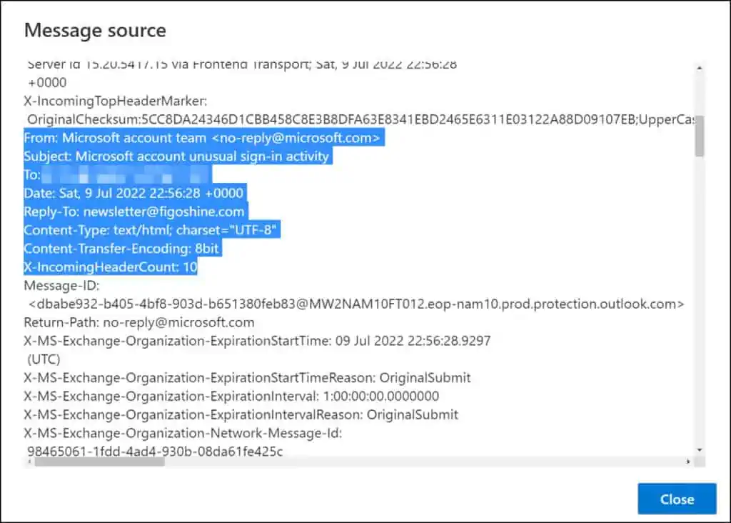 Fake Microsoft Account Unusual Sign-in Activity Emails 4 View Email Message Internet Header