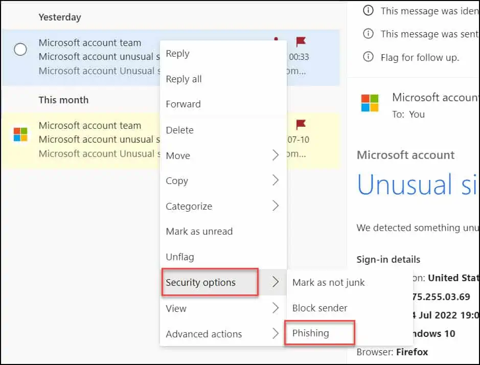Fake Microsoft Account Unusual Sign-in Activity Emails 6 Report Phishing Scam to Microsoft