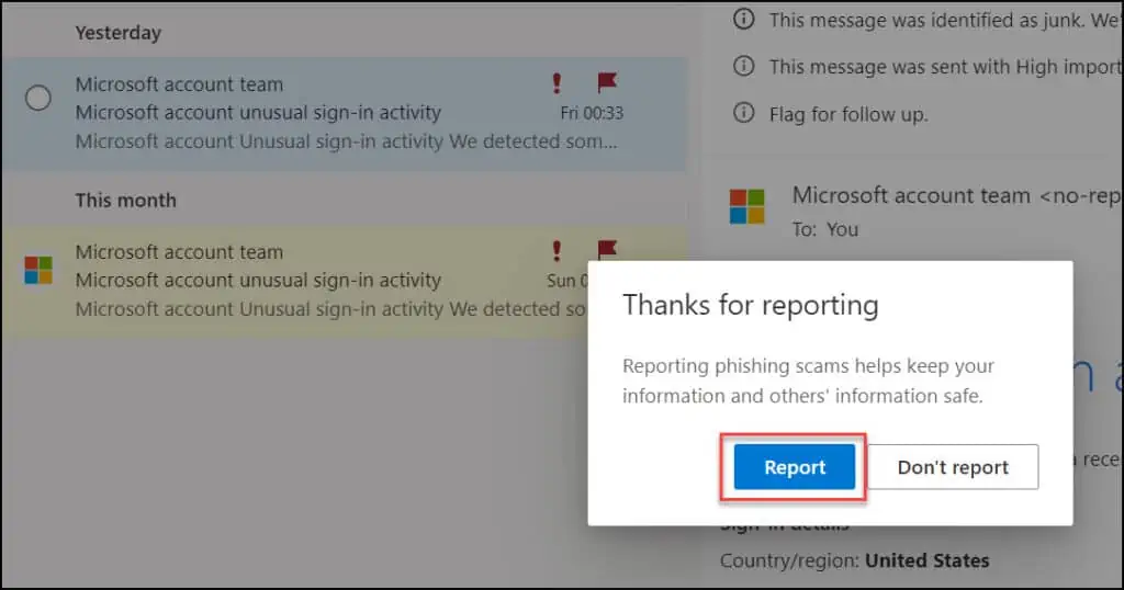 Fake Microsoft Account Unusual Sign-in Activity Emails 7 Report Phishing Scam to Microsoft