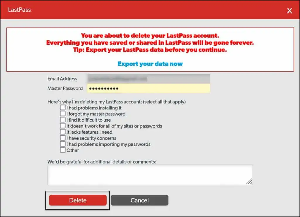 Migrating from LastPass to Bitwarden. Bye LastPass 7 Migrating from LastPass to Bitwarden - Delete LastPass Account