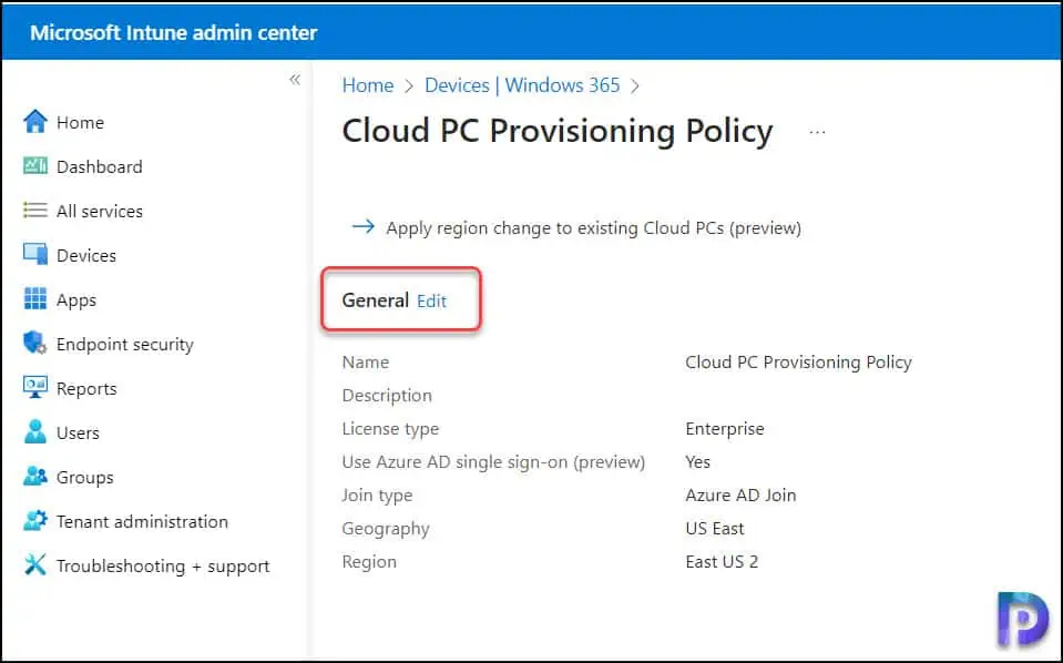 Move Windows 365 Cloud PCs to Another Region 2 Edit the Cloud PC Provisioning Policy