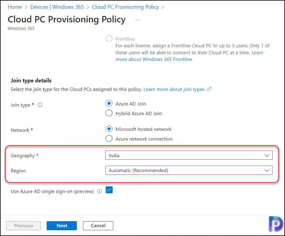 Configure the Cloud PC Geography and Region