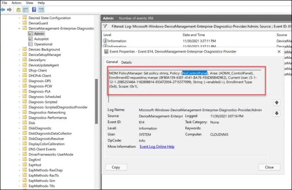 Prohibit Access to Control Panel and PC Settings using Intune 11 Control Panel Disabled via Intune - Event ID 814