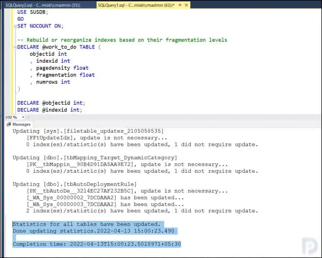 Quickly Reindex WSUS Database using T-SQL Script 3 Reindex WSUS Database using T-SQL Script