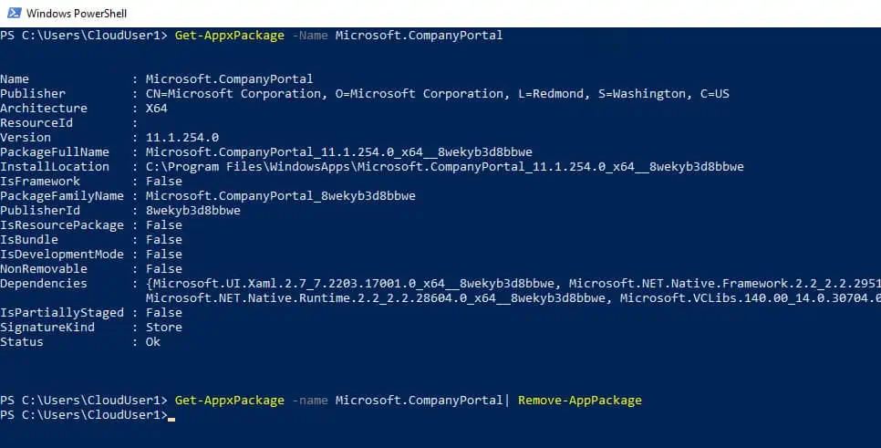 Quickly Repair Intune Company Portal App 5 Uninstall the Intune Company Portal App using PowerShell