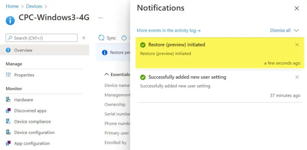 Restore Windows 365 Cloud PC | New Point-In-Time Restore 10 Restore Cloud PC Notification