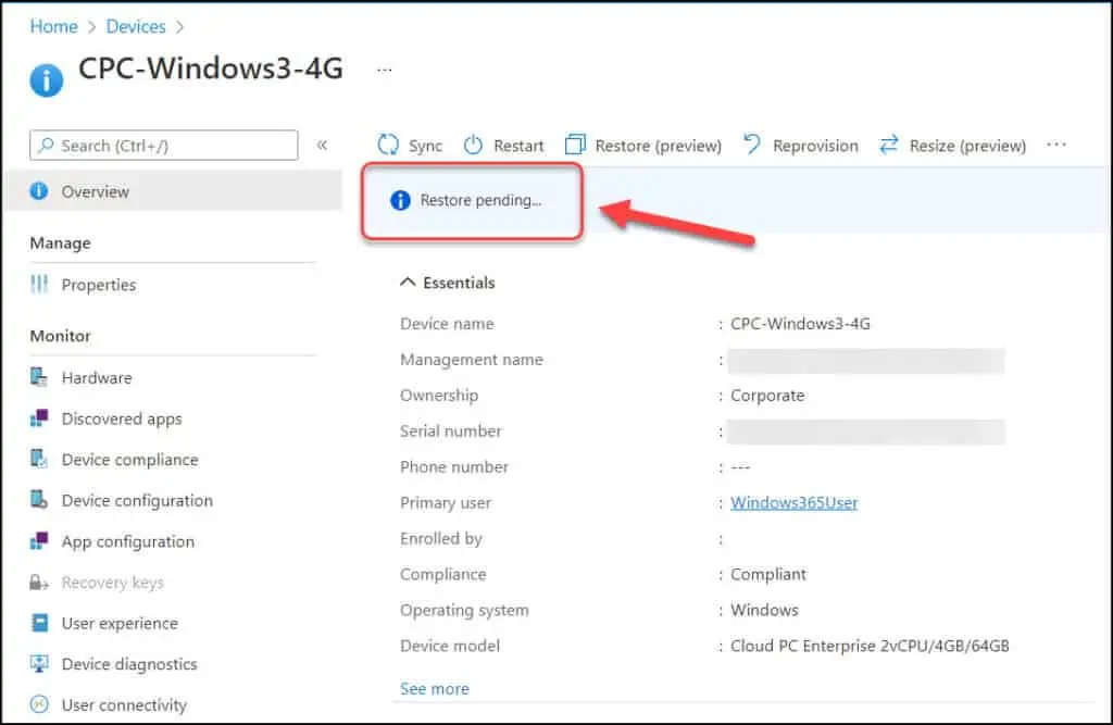 Restore Windows 365 Cloud PC | New Point-In-Time Restore 12 Monitor the Cloud PC Restore Process