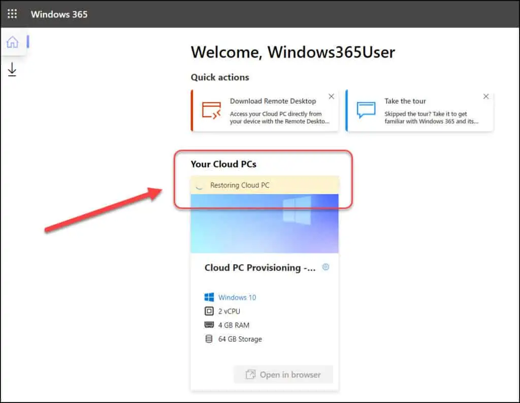 Restore Windows 365 Cloud PC | New Point-In-Time Restore 13 Cloud PC Restore In Progress