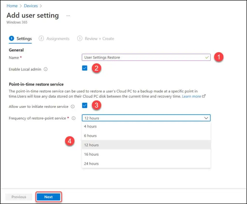 Restore Windows 365 Cloud PC | New Point-In-Time Restore 2 Configure point-in-time Restore Settings