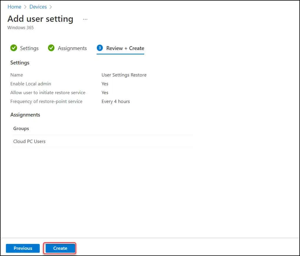 Restore Windows 365 Cloud PC | New Point-In-Time Restore 4 Configure point-in-time Restore Settings