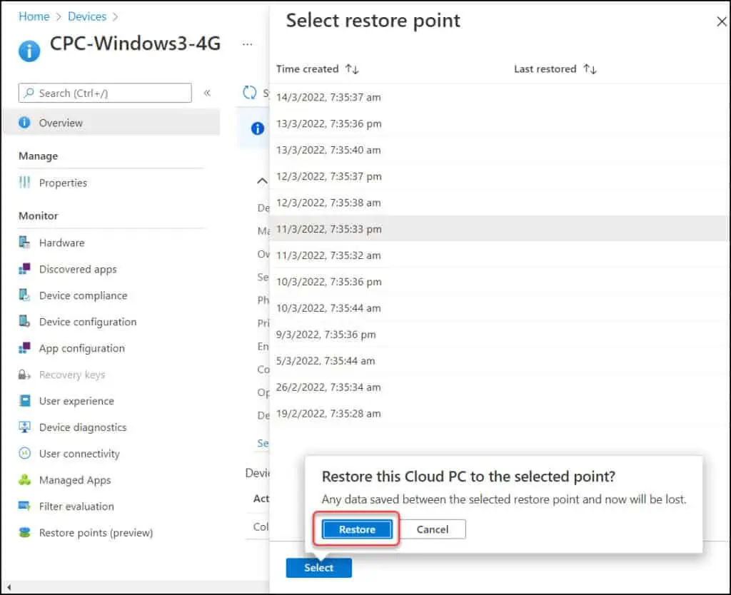 Restore Windows 365 Cloud PC | New Point-In-Time Restore 9 Restore Windows 365 Cloud PC Point-in-time Restore