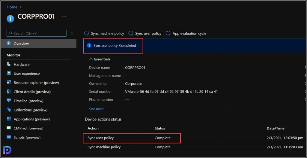 How to Run Device Actions from MEM Admin Center 9 Run Sync User Policy Completed