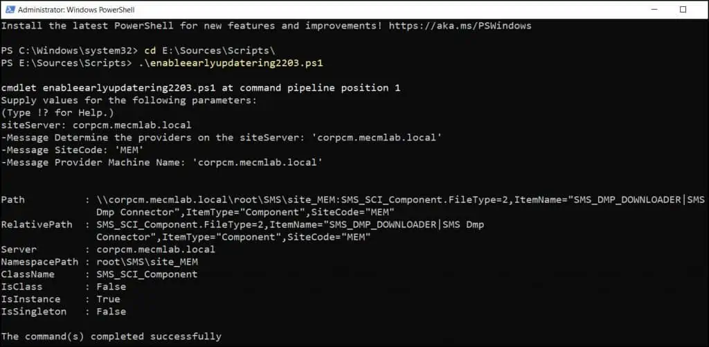 Complete SCCM 2203 Upgrade Guide 2 Run SCCM 2203 EnableEarlyUpdateRing PowerShell script