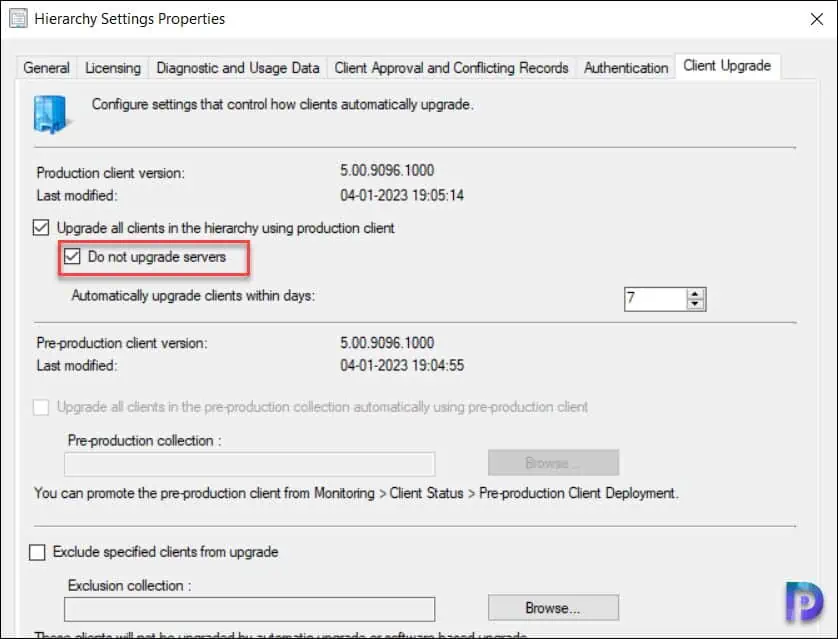 SCCM Client Upgrade Options | Perform Automatic Client Upgrade 2 Exclude Server Upgrade | SCCM Client Upgrade Options