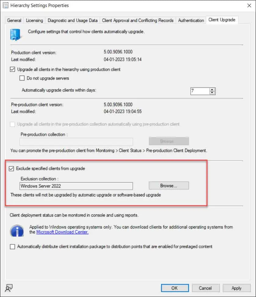 SCCM Client Upgrade Options | Perform Automatic Client Upgrade 4 Exclude clients from upgrade in ConfigMgr