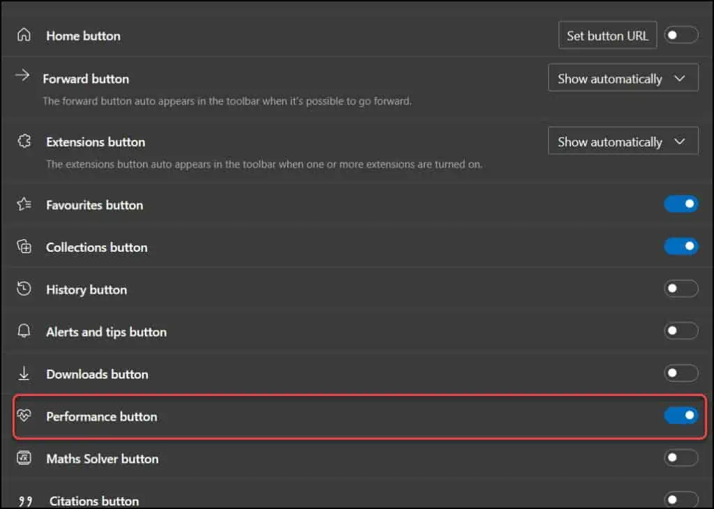 Show Performance button on Toolbar in Microsoft Edge