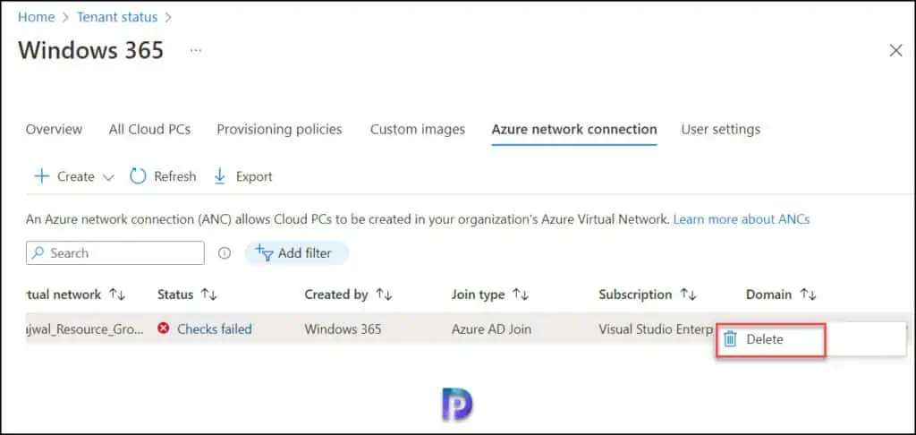 Troubleshoot Cloud PC Connection Errors | Windows 365 9 Delete the Azure network connection
